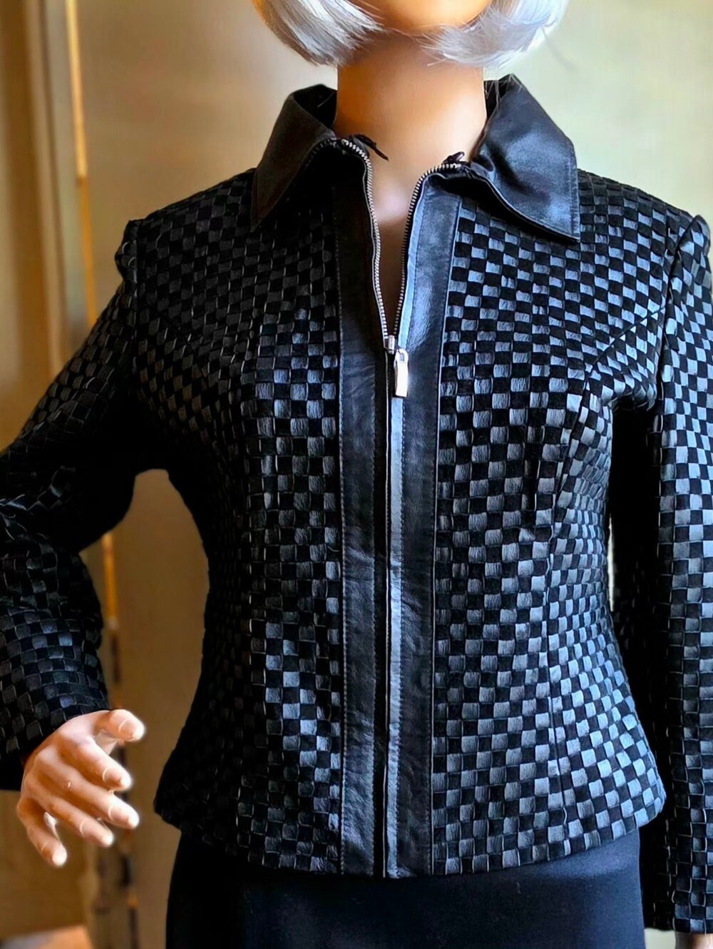 Marvin Richards XS Black Woven Leather Suede Basket Weave Zip Jacket